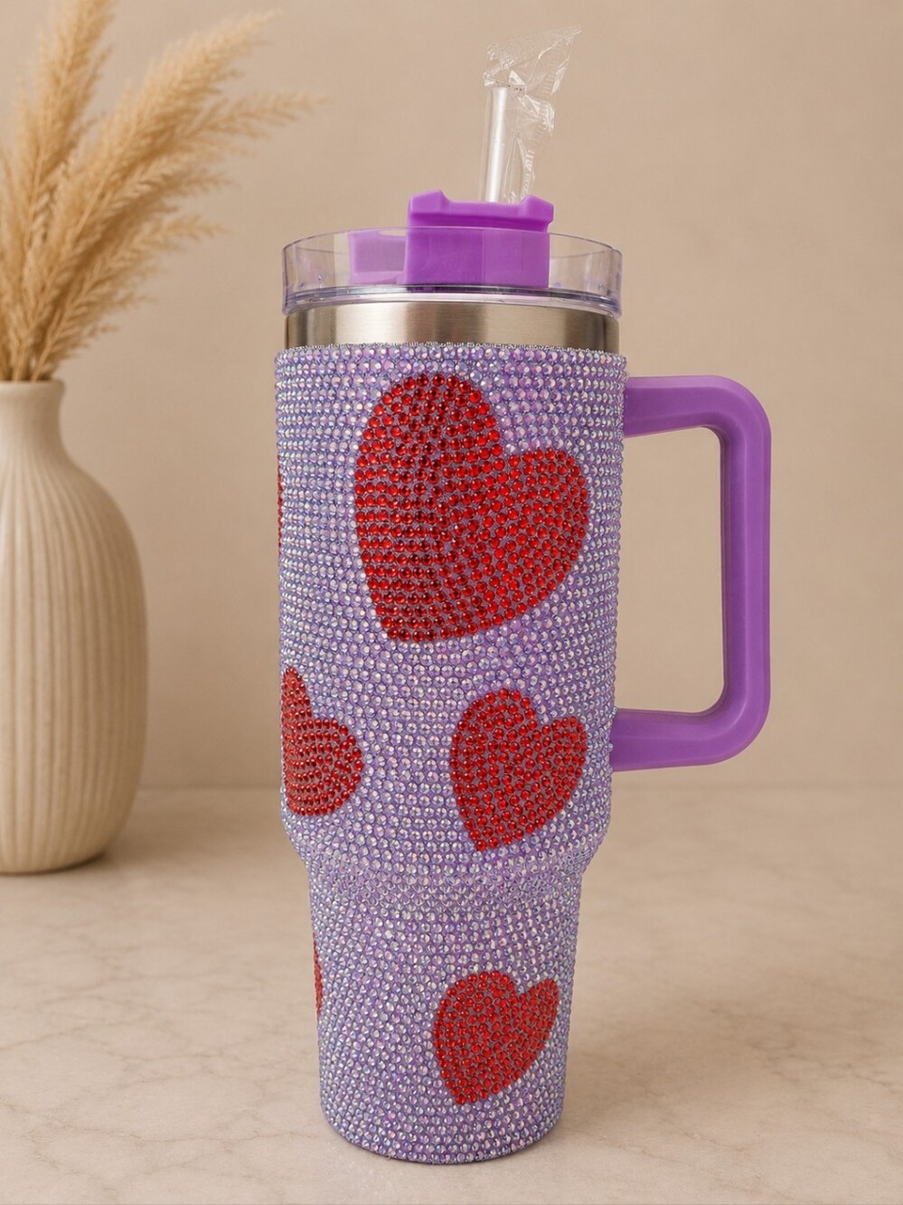 Purple Rhinestone Heart Travel Tumbler with Handle